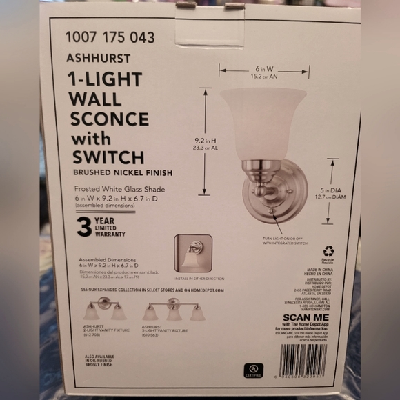 Hampton Bay Light Wall Sconce w/Switch Brushed Nickel Finish - Picture 2 of 3